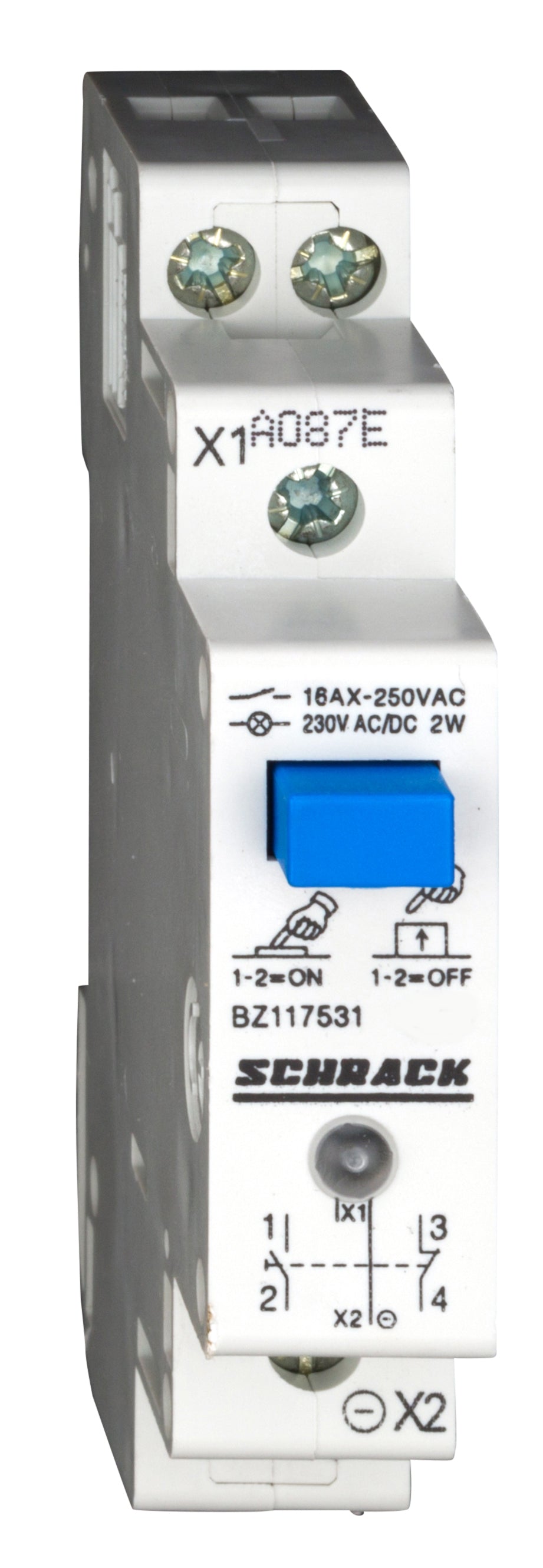 Reiheneinbau-Taster mit LED 230VAC/DC, 1S + 1Ö, 16A