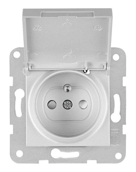 Steckdose mit Erdungsstift, Klappdeckel, Steckklemmen,silber
