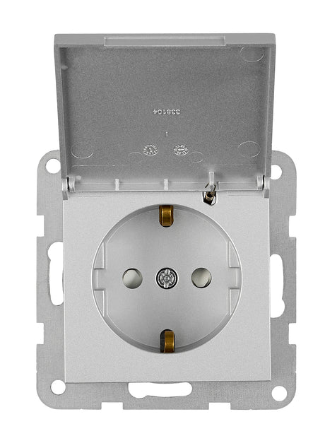 Steckdose, Klappdeckel, Schraubklemmen, Silber
