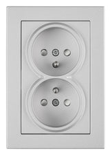 Doppelsteckdose mit Erdungsstifte, Schraubklemmen, Silber