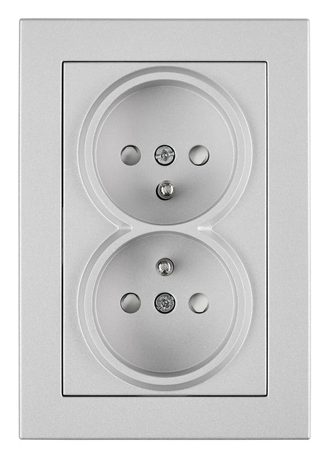 Doppelsteckdose mit Erdungsstifte, Schraubklemmen, Silber