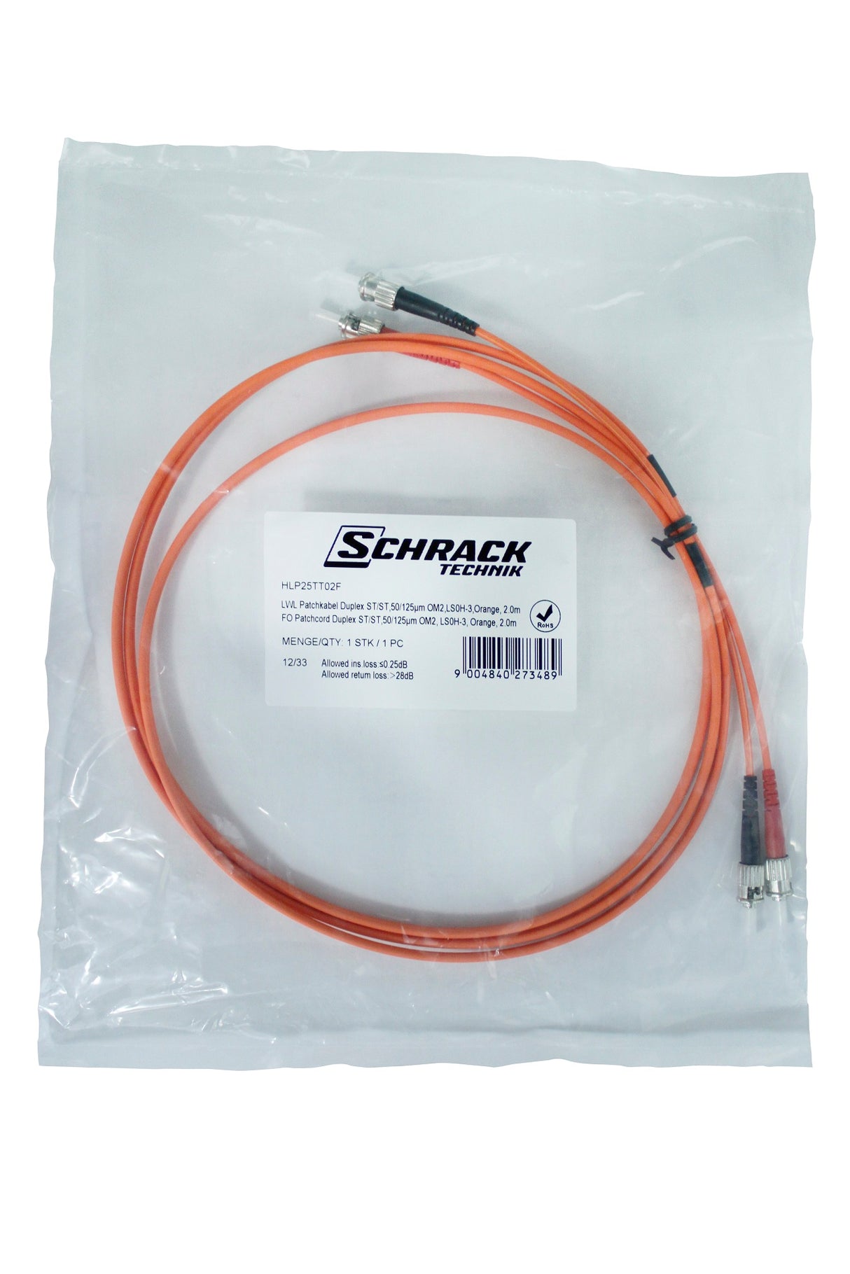 LWL Patchkabel Duplex ST/ST,50/125µm OM2,LS0H-3,orange, 2.0m