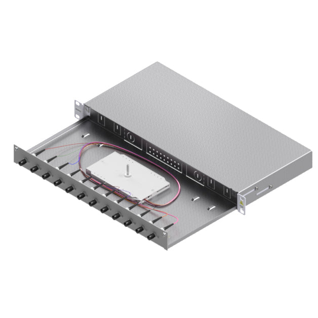 LWL Spleißbox, 12Fasern, ST,50/125µm OM3, 19", 1HE, Klasse B
