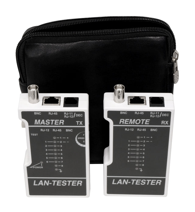 Foto: Verdrahtungstester RJ45 (UTP+STP) / RJ11 / Koax mit Tasche