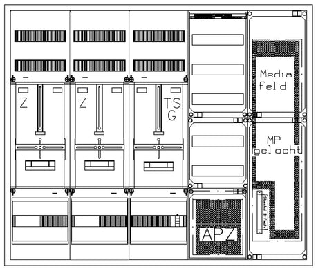 Zählerverteiler 2xZF, H1100 B1300 T210mm, 1xTSG, VF, MF, APZ