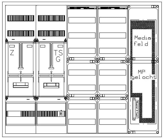 Zählerverteiler 1xZF, H=1100 B=1300 T=210mm, 1xTSG, MF, 2xVF