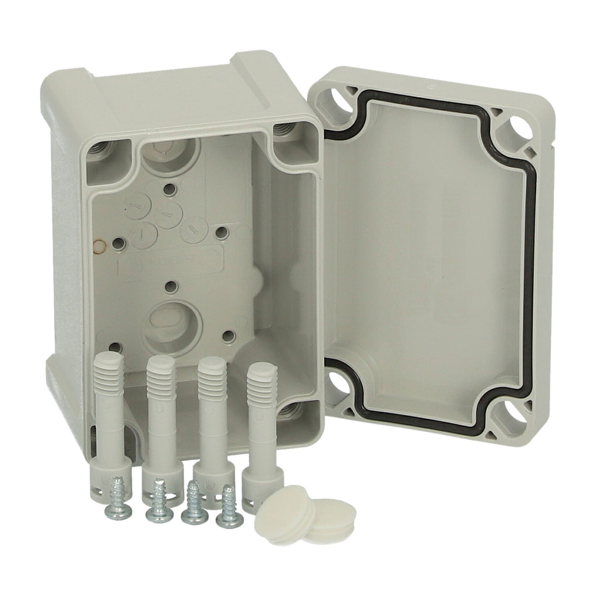 ABS Gehäuse+Deckel grau m. Scharnier, 95x65x60mm, RAL7035