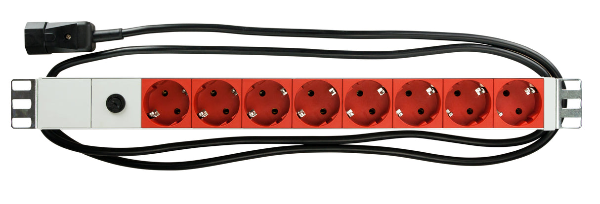 19" Netzleiste für USV, 8xSchuko Rot, 2m-Kabel mit C14