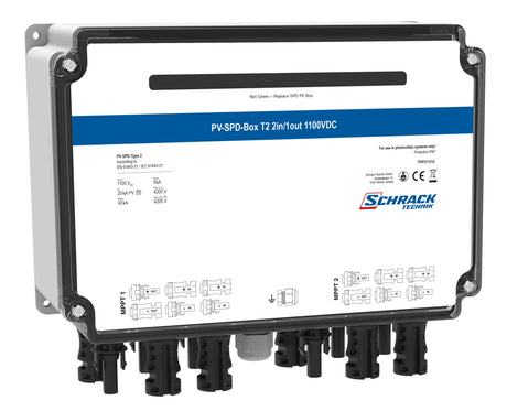 Foto: PV-SPD-Box T2, 2xIn/1xOut, 2x MPPT, 1100VDC, MC4 Anschluss