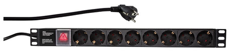 19" Netzleiste, 8x Schuko, Schalter, 1HE, 2m-Kabel, Schwarz