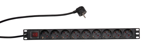 19" Netzleiste, 9x Schuko, Schalter, 1HE, 2m-Kabel, Schwarz