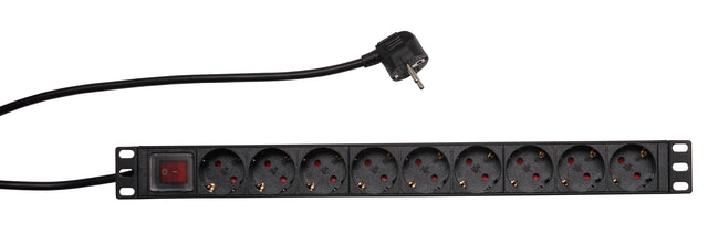 19" Netzleiste, 9x Schuko, Schalter, 1HE, 2m-Kabel, Schwarz