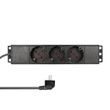 10" Netzleiste, 3x Schuko, 1HE, 2m-Kabel, Schwarz, ALU
