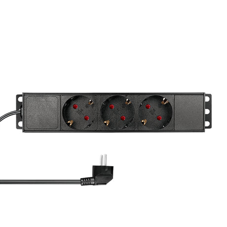 10" Netzleiste, 3x Schuko, 1HE, 2m-Kabel, Schwarz, ALU