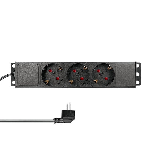 10" Netzleiste, 3x Schuko, 1HE, 2m-Kabel, Schwarz, ALU
