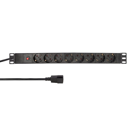 19" Netzleiste, 8x Schuko, 1HE, 3m-Kabel mit C14, Schwarz