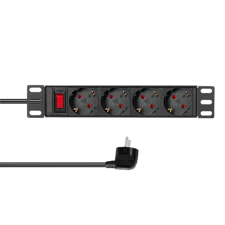 10" Netzleiste, 4x Schuko, 1HE, 2m-Kabel, Schalter, Schwarz