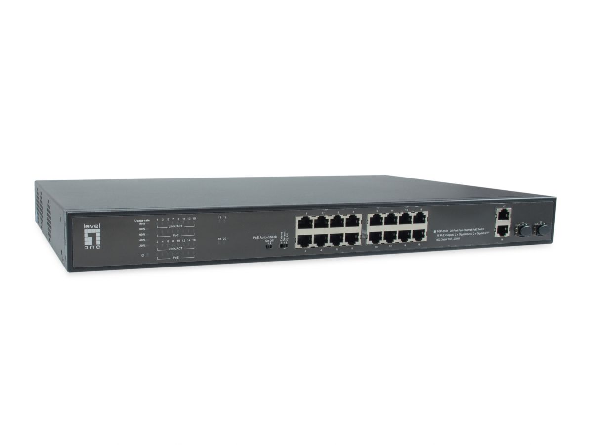Switch 16xRJ45 10/100 (PoE) + 2xGRJ45 + 2xGSFP, Netzteil