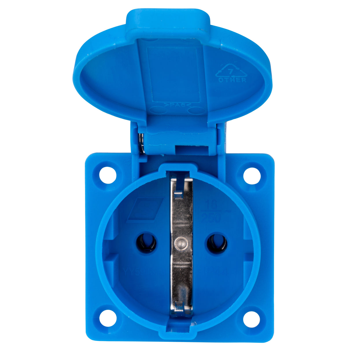 Schukosteckdose mit Deckel, 16A,IP44,blau, Federkraftklemmen