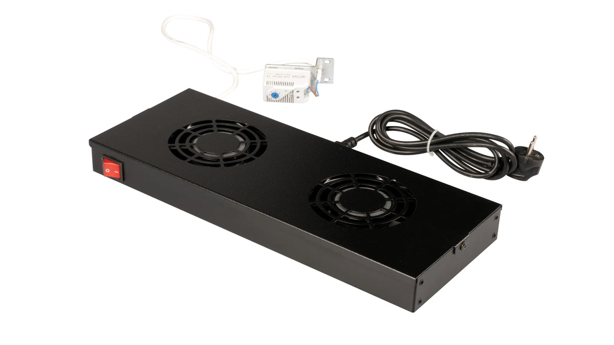 Lüfter 19", 1HE, 2-fach, Analog Thermostat, RAL9005