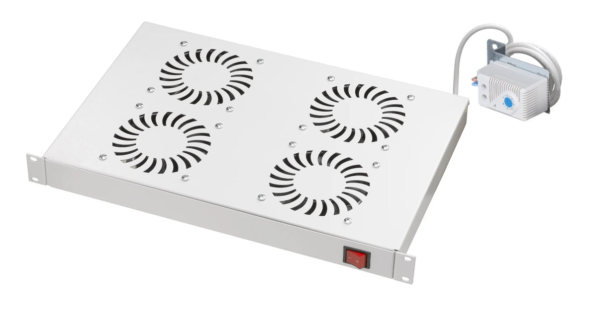 Lüfter 19", 1HE, 4-fach, Analog Thermostat, RAL7035