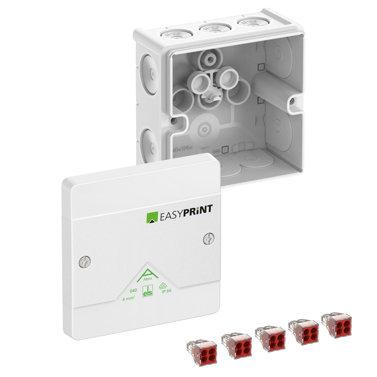 SPELSBERG Abzweigdose Steckkl IP66 4qmm Abox 040-4²/w EasyPrint 102x102x57mm
